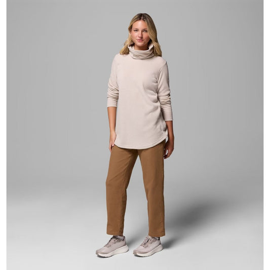 Front view of the Columbia Sportswear Women's Holly Hideaway Waffle Cowl Neck Pullover in Dark Stone on a model against a gray background.