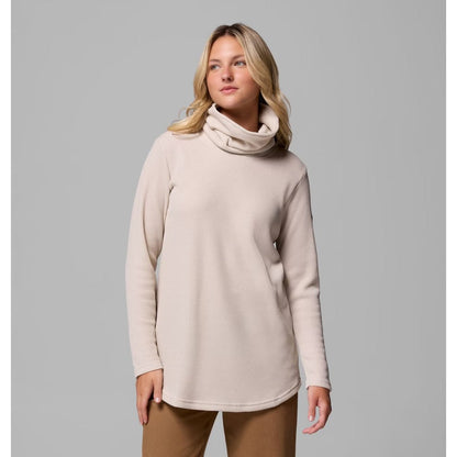 Front view of the Columbia Sportswear Women's Holly Hideaway Waffle Cowl Neck Pullover in Dark Stone on a model against a gray background.