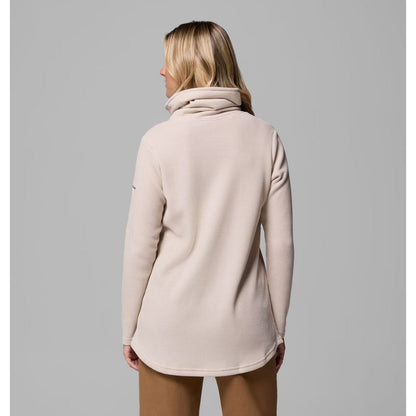 Back view of the Columbia Sportswear Women's Holly Hideaway Waffle Cowl Neck Pullover in Dark Stone on a model against a gray background.