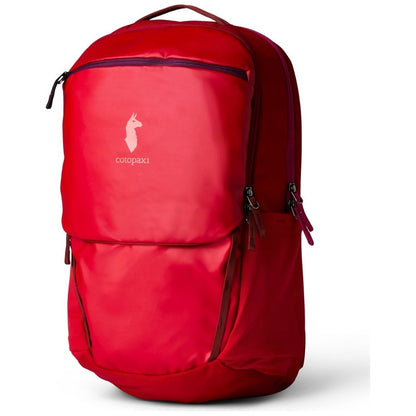 Front view of the Cotopaxi Allpa 26L Daypack in Blue Spruce/Abyss with a white llama logo on a red backpack.