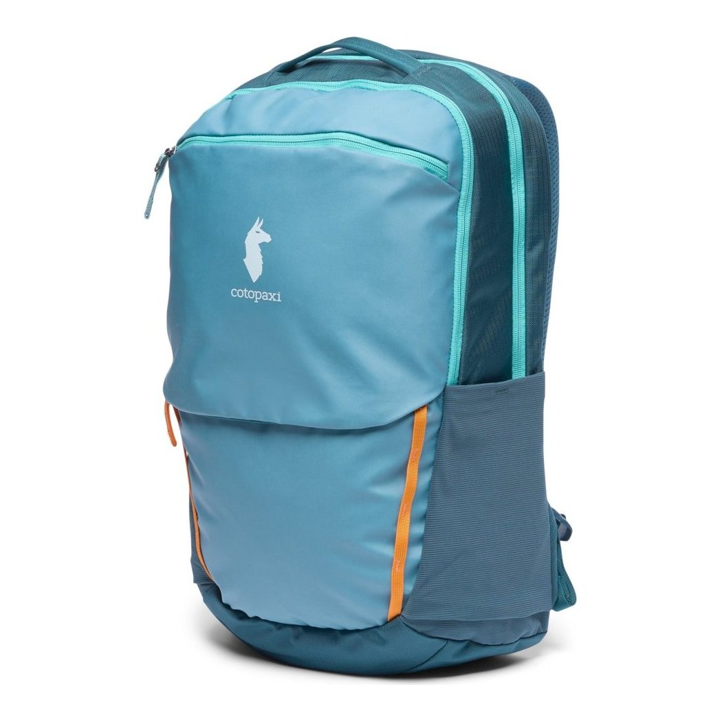 Front view of the Cotopaxi Allpa 26L Daypack in Blue Spruce/Abyss with orange zipper pulls against a white background.