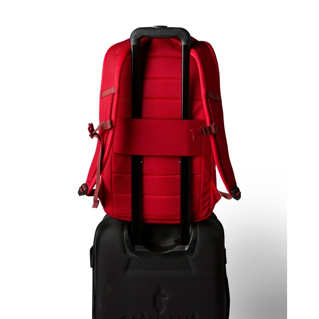 Back view of the Cotopaxi Allpa 26L Daypack in Blue Spruce/Abyss attached to a black suitcase handle.