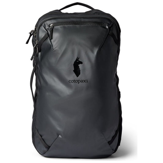 Front view of the Cotopaxi Allpa 28L Travel Pack in Blue Spruce/Abyss with a sleek design and zippered top pocket.