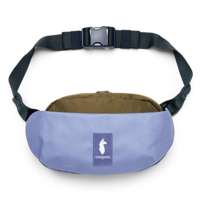A front view of the Cotopaxi Coso 2L Hip Pack in Abyss/Coastal color with a black adjustable strap and a logo patch on the front.