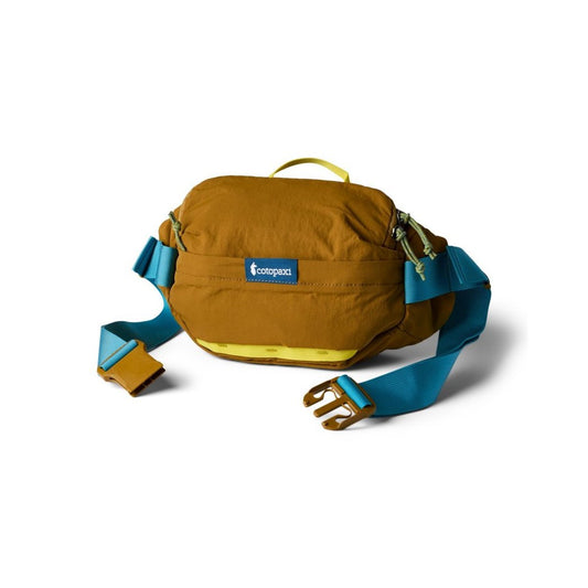 Front view of the Cotopaxi Empacable 3L Sling in Log Cabin with blue straps and yellow accents against a white background.