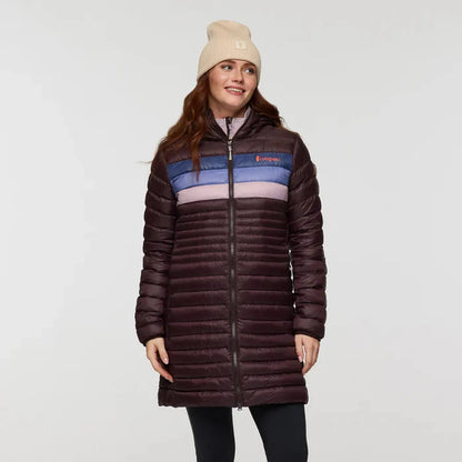 A front view of the Cotopaxi Women's Fuego Down Parka in Coffee Stripes on a model against a plain white background.