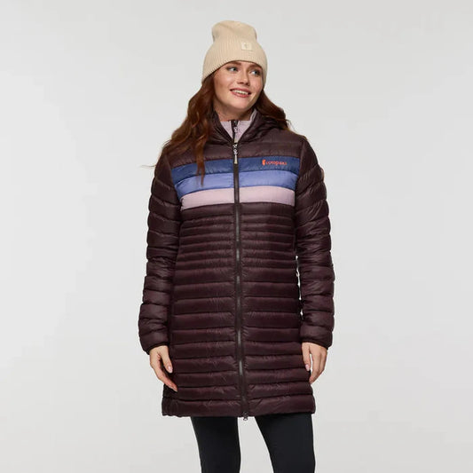 A front view of the Cotopaxi Women's Fuego Down Parka in Coffee Stripes on a model against a plain white background.