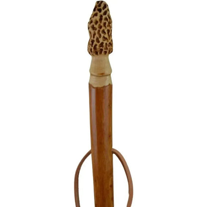 A top-down view of the Creation Carvings Walking Stick with Morel Mushroom Carving against a white background.