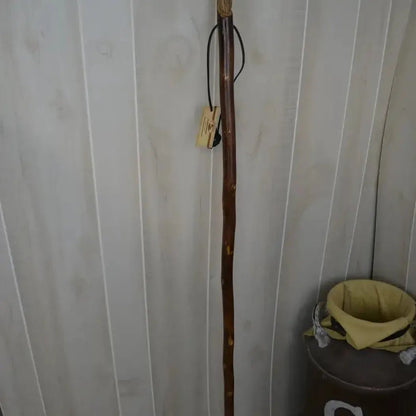 A natural wood walking stick with a wood spirit carving hangs against a light wood-paneled wall near a container with a yellow cloth.