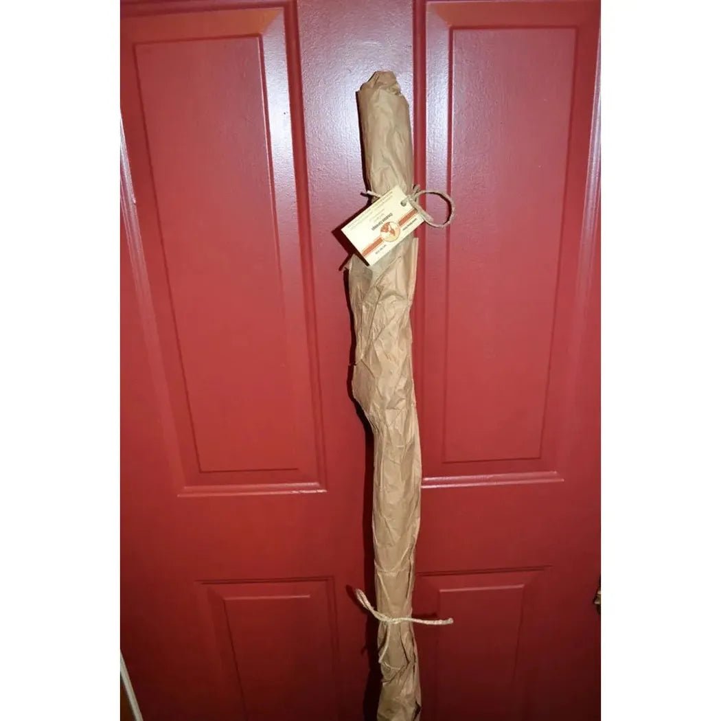A wrapped Creation Carvings Wood Walking Stick with Wood Spirit Carving in Sweetgum leans against a red door.