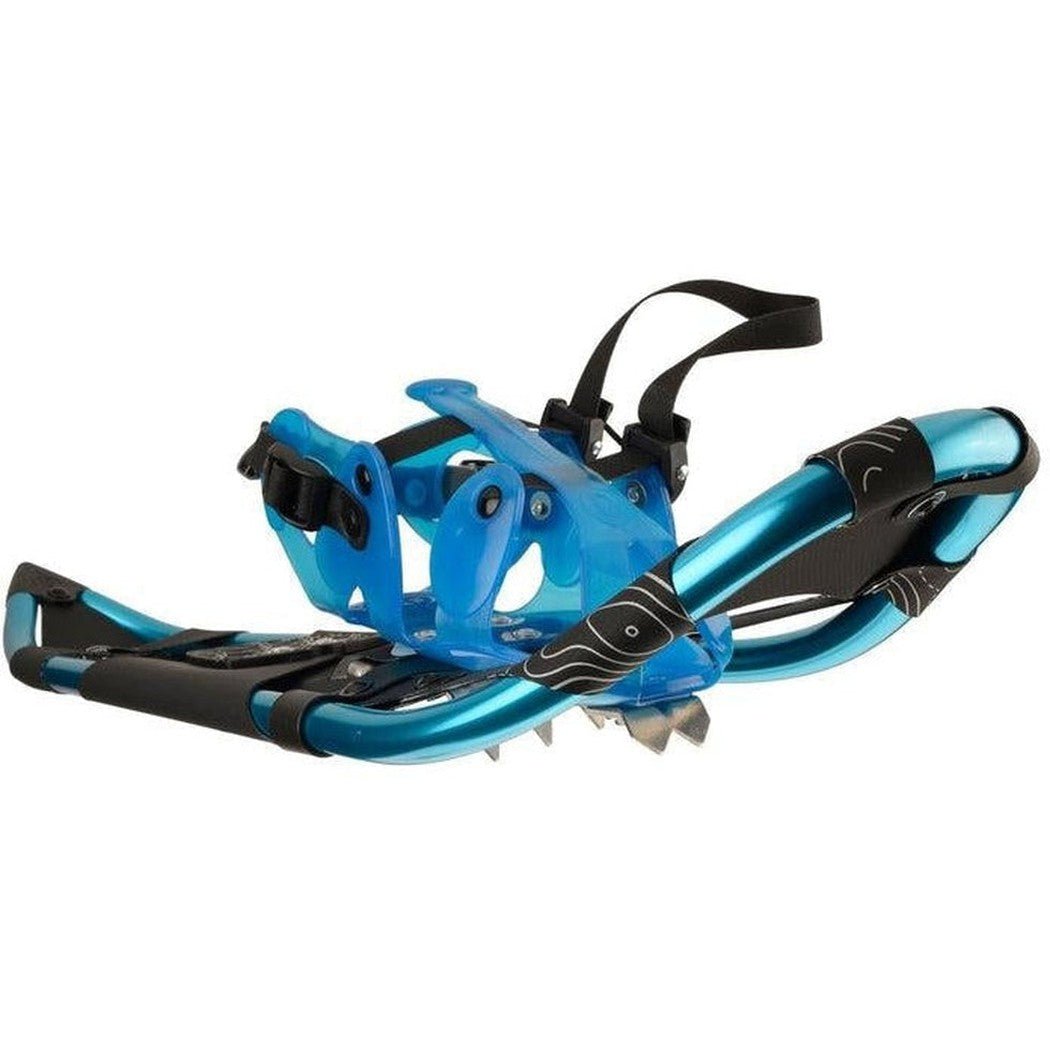 Side view of the Crescent Moon Sawtooth 27 blue snowshoes with black straps and metal crampons against a white background.