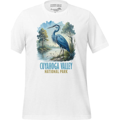 A white Cuyahoga Valley Clothing Company CVNP Blue Heron T - Shirt with a blue heron graphic on the front.