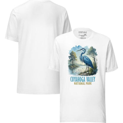 A front view of the Cuyahoga Valley Clothing Company CVNP Blue Heron T - Shirt in white, displaying the blue heron graphic and text on the front.