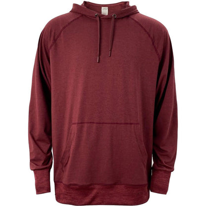 A front view of the Cuyahoga Valley Clothing Company Men's Performance Tech Hoodie 2.0 in Heather Windsor showing the kangaroo pocket and drawstrings against a white background.