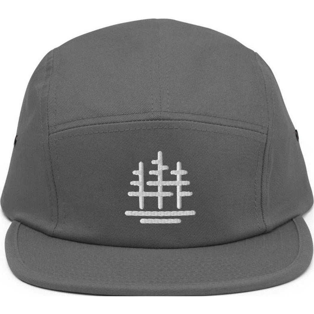 A front view of the Cuyahoga Valley Clothing Company Tree Logo 5 Panel Cap in Black showing the embroidered logo on the front panel against a white background.