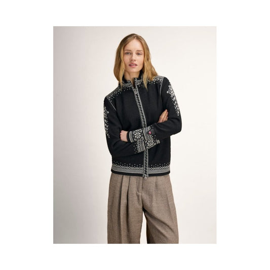 A model wears the Dale Of Norway 140th Anniversary Fem Jacket-SAMPLE in BlkOffWhtSmoke with a white background.