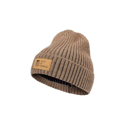 A front view of the Dale Of Norway Alvøy Hat-SAMPLE in MtnStone Navy with a leather patch, displayed against a white background.