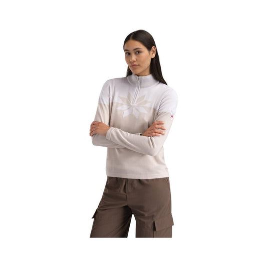 A model wears the Dale Of Norway Breidablikk Fem. Sweater-SAMPLE in BeigeOffWhite with a white background.