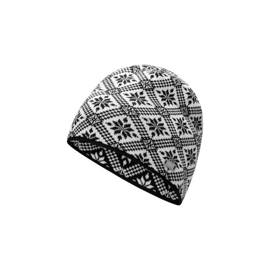 A top-down view of the Dale Of Norway Christiania Hat-SAMPLE in BlackOffWhite with a patterned design and a small button on the inside cuff against a white background.