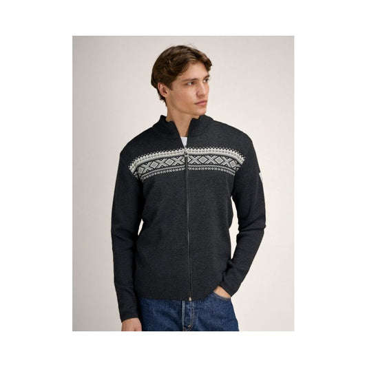 A model wears the Dale Of Norway Dalestølen Masc Jacket-SAMPLE in DrkChrclOffWht, shown from the front with a neutral background.
