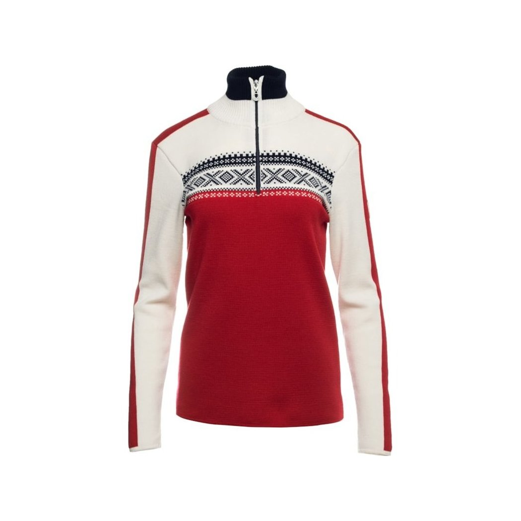 A front view of the Dale Of Norway Dystingen Fem Sweater-SAMPLE with a red and white patterned design, navy collar, and zip closure against a white background.