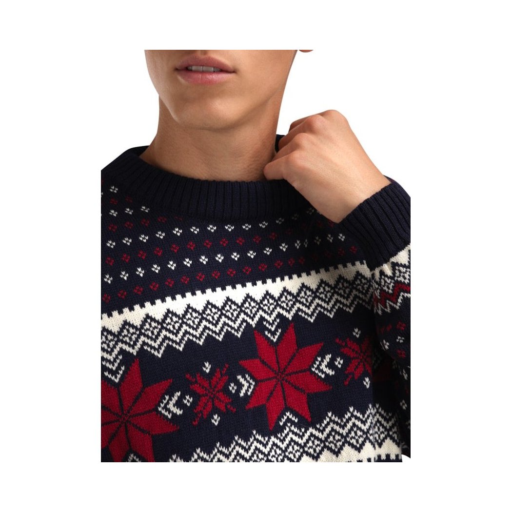 A model wears the Dale Of Norway Egersund Masc. Sweater-SAMPLE with a marine and offwhite pattern against a white background.