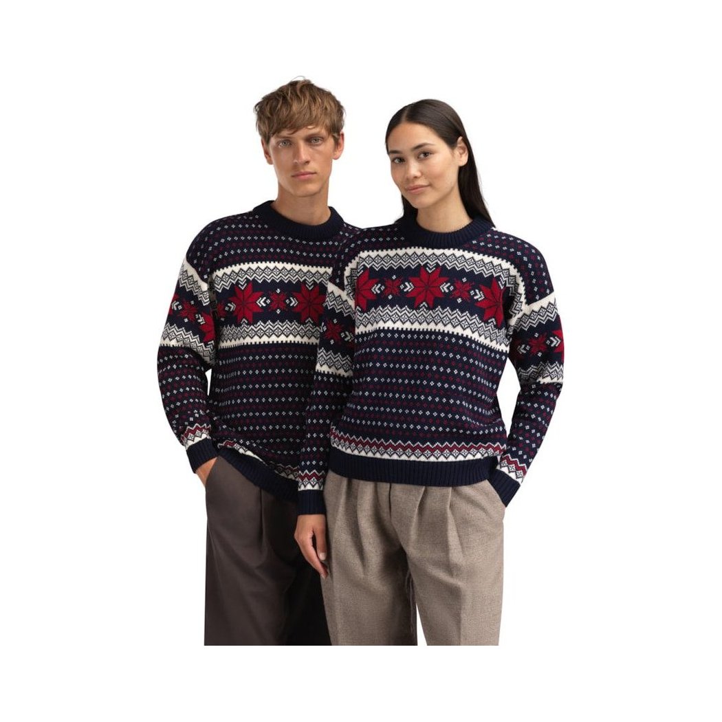 A front view of the Dale Of Norway Egersund Masc. Sweater-SAMPLE in MarineOffWhite on two models against a white background.