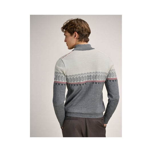 Back view of the Dale Of Norway Hovden Masc Sweater-SAMPLE in SmokeOffWhite showing the patterned yoke and model wearing it against a light background.