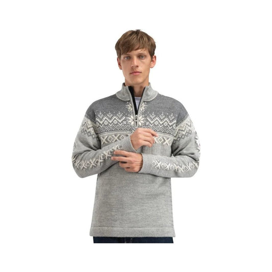 A front view of the Dale Of Norway Men's 140th Anniversary Sweater-SAMPLE in E color, showing the pattern and model wearing it against a white background.