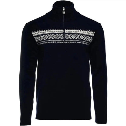 A front view of the Dale Of Norway Men's Dalestølen Sweater in Navy Offwhite with a half-zip and patterned chest panel against a white background.