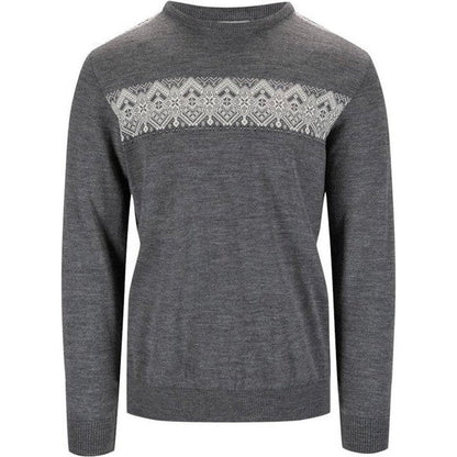 A front view of the Dale Of Norway Men's Stenberg Sweater in Smoke Offwhite Charcoal showing the patterned chest panel against a white background.
