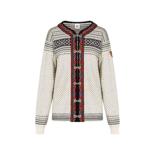 A front view of the Dale Of Norway Setesdal Uni Jacket-SAMPLE in OffWhtBlack with a patterned front and a white background.