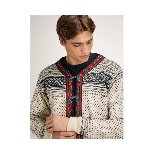 A front view of the Dale Of Norway Setesdal Uni Jacket-SAMPLE in OffWhtBlack, showing the patterned design and model wearing it against a plain background.