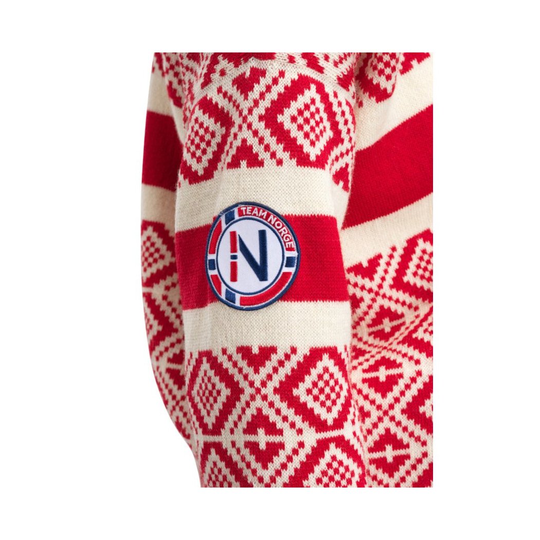 The Dale Of Norway Team Norway Cortina Fem. Sweater-SAMPLE in RaspOffWhite shows the logo on the sleeve with a red and white pattern.