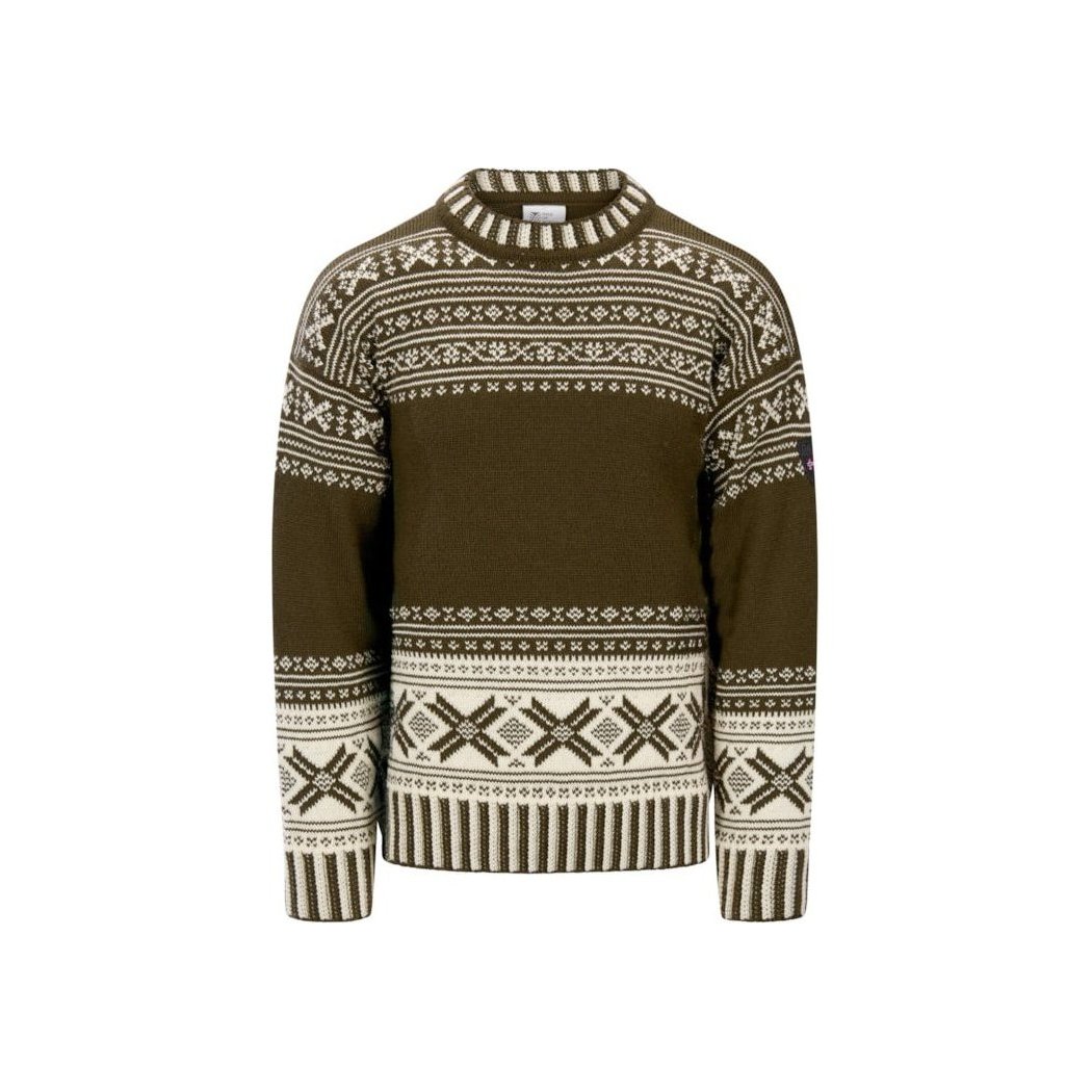 A front view of the Dale Of Norway Torridal Masc Sweater-SAMPLE in ArmyGrnOffWht with a white background.