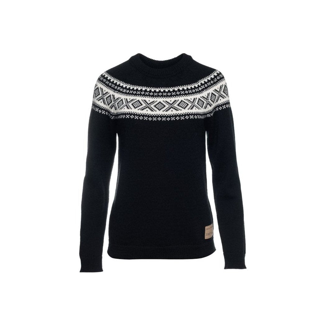 A front view of the Dale Of Norway Vågsøy Feminine Sweater-SAMPLE in Black Offwhite with a patterned yoke and a small tag on the lower right sleeve against a white background.