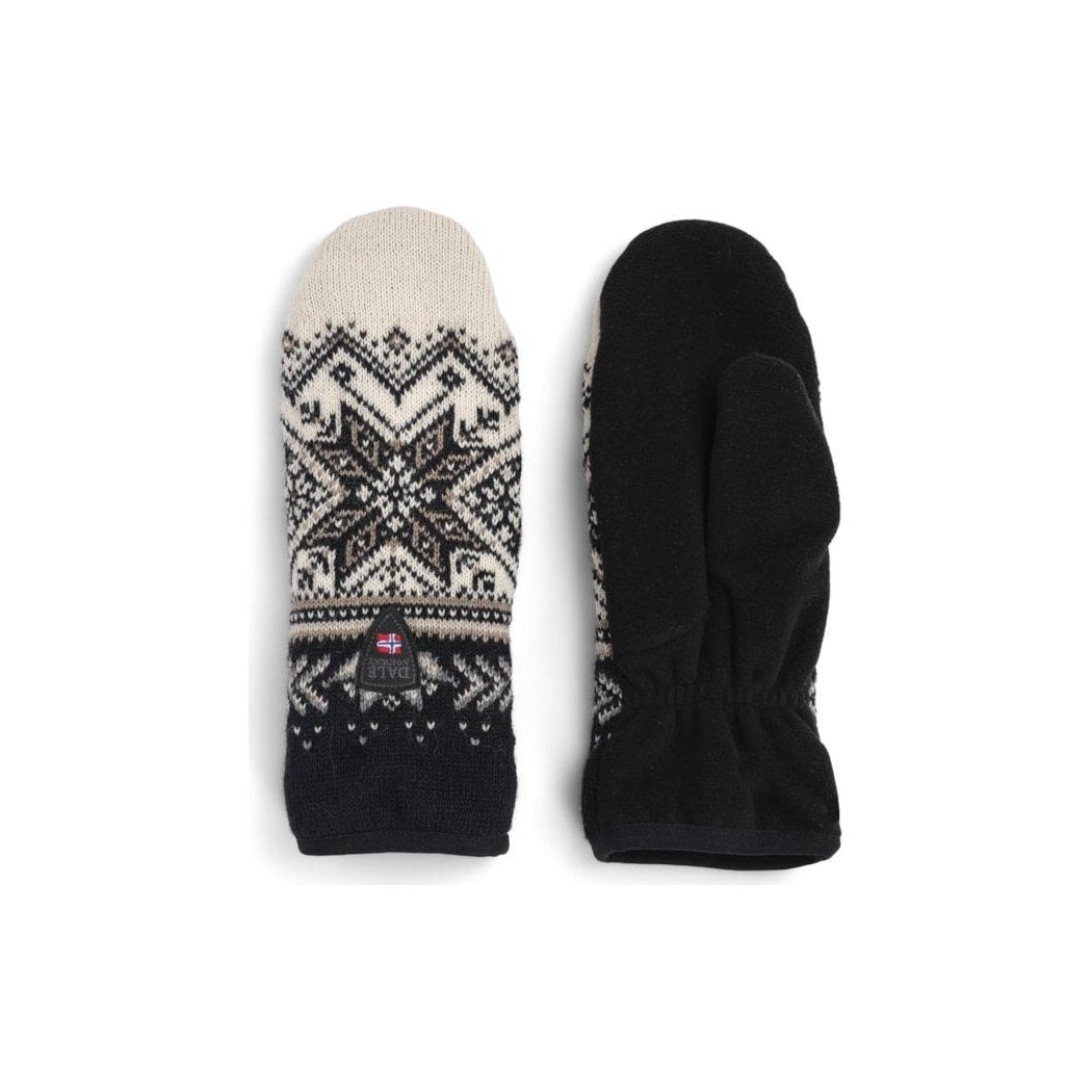 Side view of the Dale Of Norway Vail Polar Mittens-SAMPLE showing the patterned design and black interior against a white background.