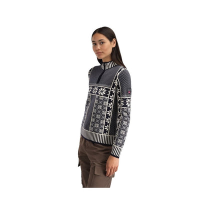 Side view of the Dale Of Norway Vardåsen Fem. Sweater-SAMPLE showing the pattern and high collar against a white background.