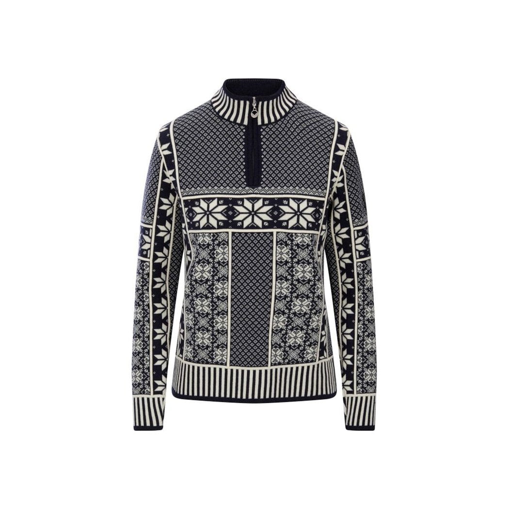 A front view of the Dale Of Norway Vardåsen Fem. Sweater-SAMPLE with a high collar and snowflake patterns on a white background.