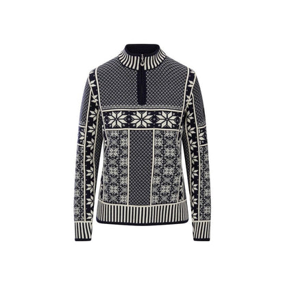 A front view of the Dale Of Norway Vardåsen Fem. Sweater-SAMPLE with a high collar and snowflake patterns on a white background.