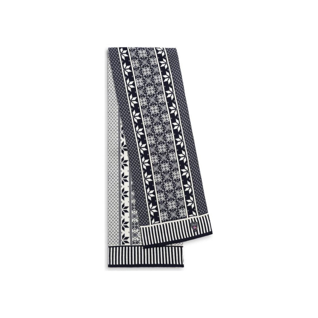 A folded Dale Of Norway Vardåsen Scarf-SAMPLE in UltramarineoffW with a patterned design and striped ends, photographed against a white background.