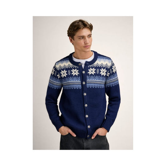 A front view of the Dale Of Norway Veafjord Masc Jacket-SAMPLE in NvyBluShadowCrm with a model wearing it against a plain background.