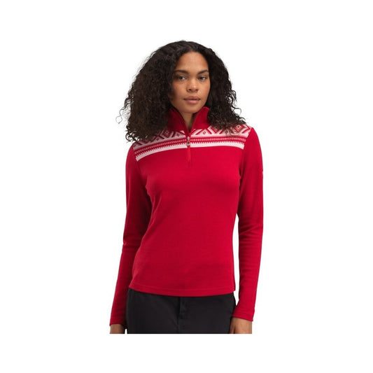 A front view of the Dale Of Norway Women's Cortina Basic Sweater-SAMPLE in RaspOffWhite on a model against a white background.