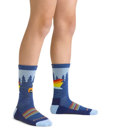 Side view of the Darn Tough Kid's Wild Micro Crew Lightweight with Cushion socks in Denim showing the colorful design on a white background.