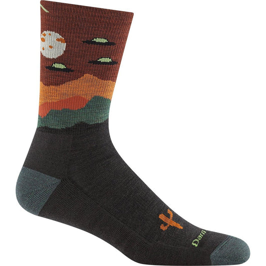 Side view of the Darn Tough Men's Spaced Out Micro Crew Lightweight Hiking Socks in Charcoal showing the colorful alien-themed cuff and cactus logo on the foot.