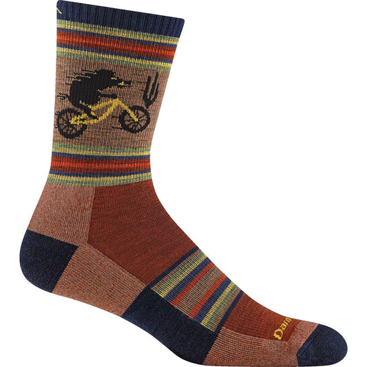 Side view of the Darn Tough Men's Willoughby Micro Crew Lightweight Hiking Socks in Chestnut showing the bike graphic and striped pattern.