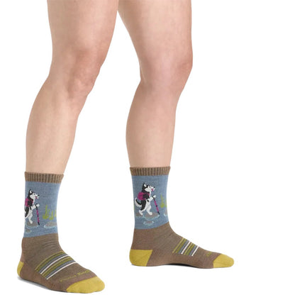 Side view of the Darn Tough Women's Critter Club Micro Crew Lightweight with Cushion socks in Bark showing the husky design on a white background.