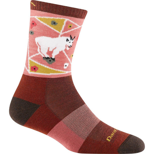 Side view of the Darn Tough Women's Critter Club Micro Crew Lightweight with Cushion in Bark showing a mountain goat graphic on the upper section.