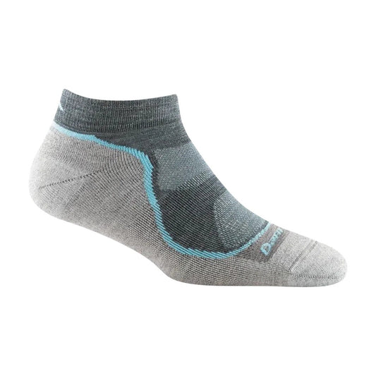 A side view of the Darn Tough Women's Light Hiker No Show Lightweight with Cushion in Slate showing the cushioned footbed against a white background.