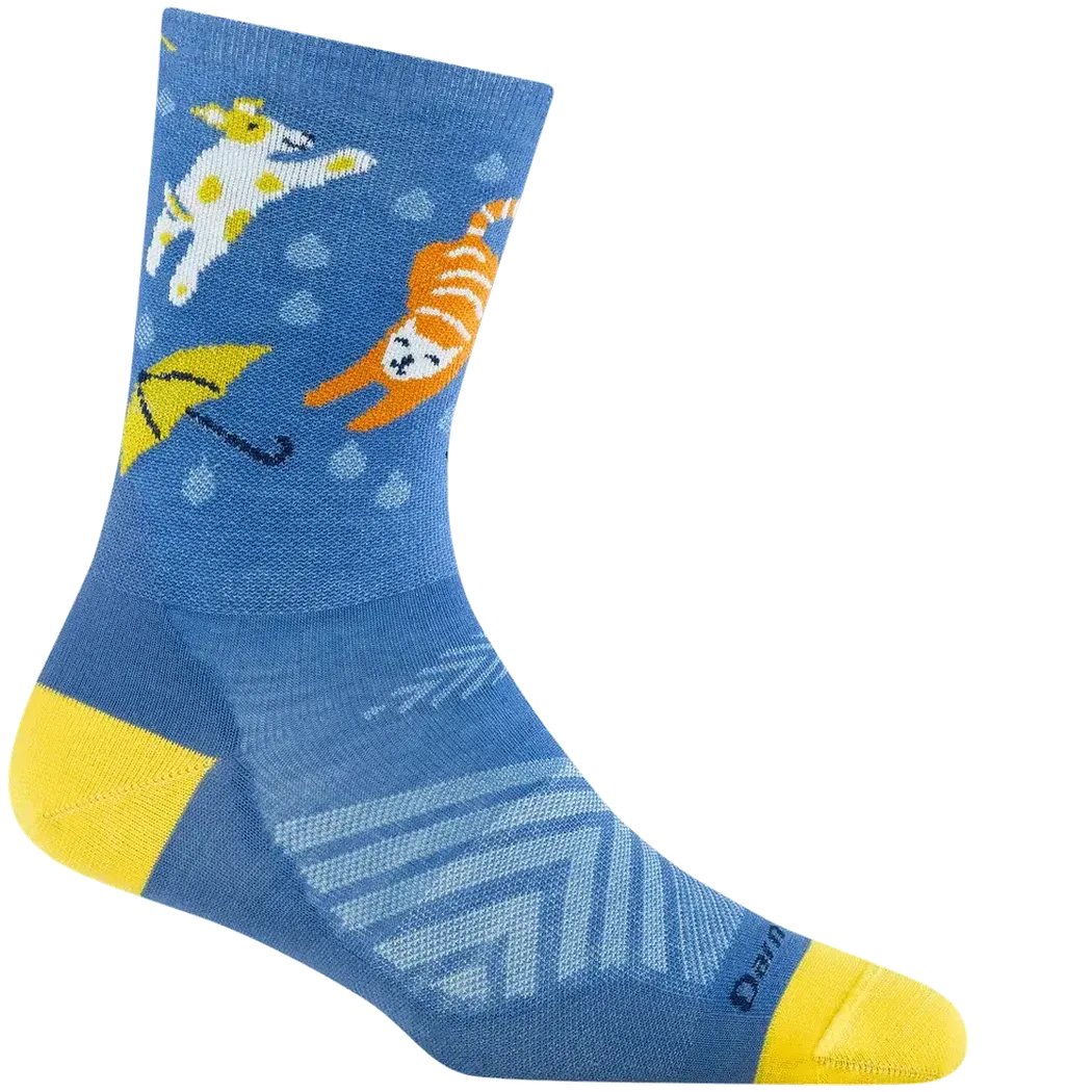 A side view of the Darn Tough Women's Ruff Weather Micro Crew Ultra-Lightweight Running Socks in Storm color showing cartoon animals and a yellow toe and heel against a white background.